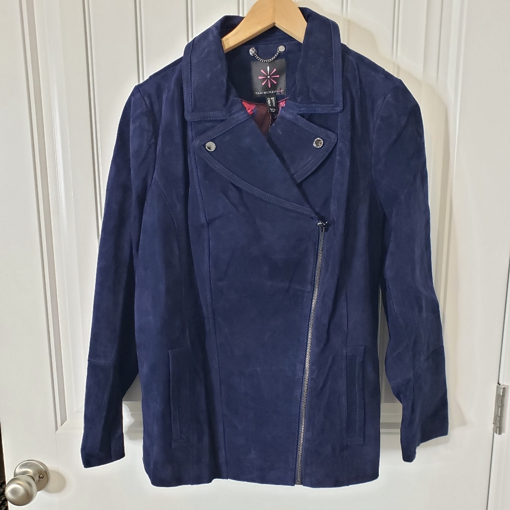 Isaac Mizrahi Live Suede Moto Motorcycle Jacket Printed Lining New Sz 18W Blue - Picture 2 of 11
